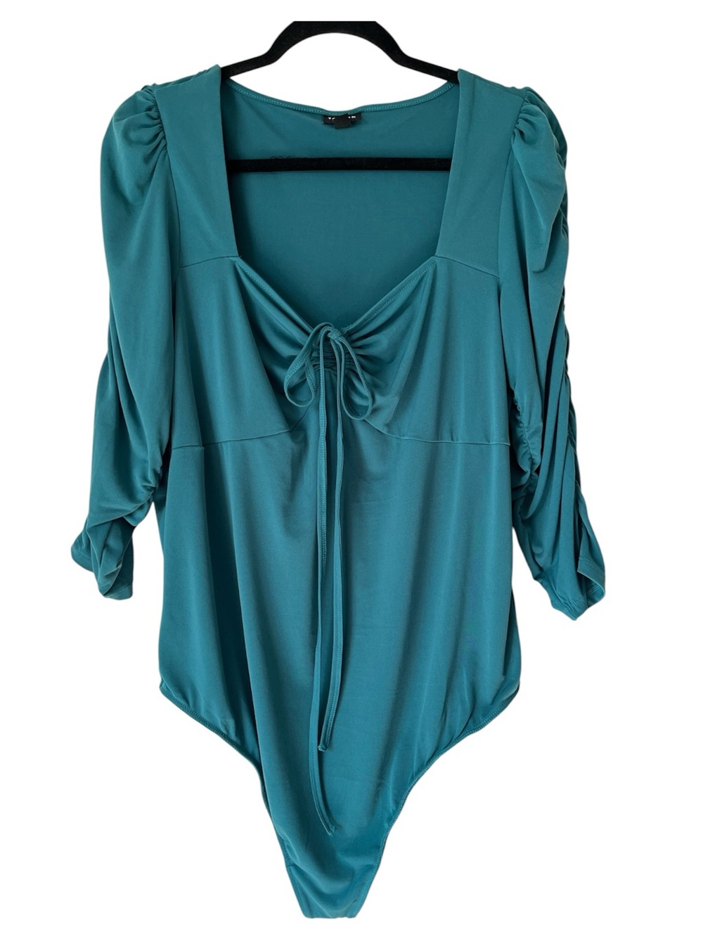 TORRID Sweetheart Cinch Tie Bodysuit Ruched 3/4 Puff Sleeve Deep Teal Size 1